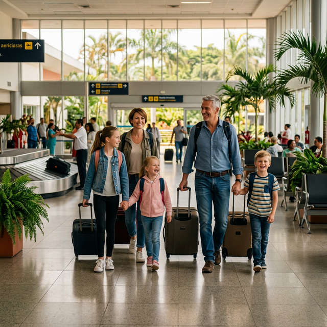 Glückliche Familie kommt am Flughafen in Südamerika an